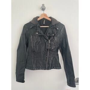 Free People Black Vegan Leather Moto Jacket w/ Removable Gray Hood, size 2, BNWT